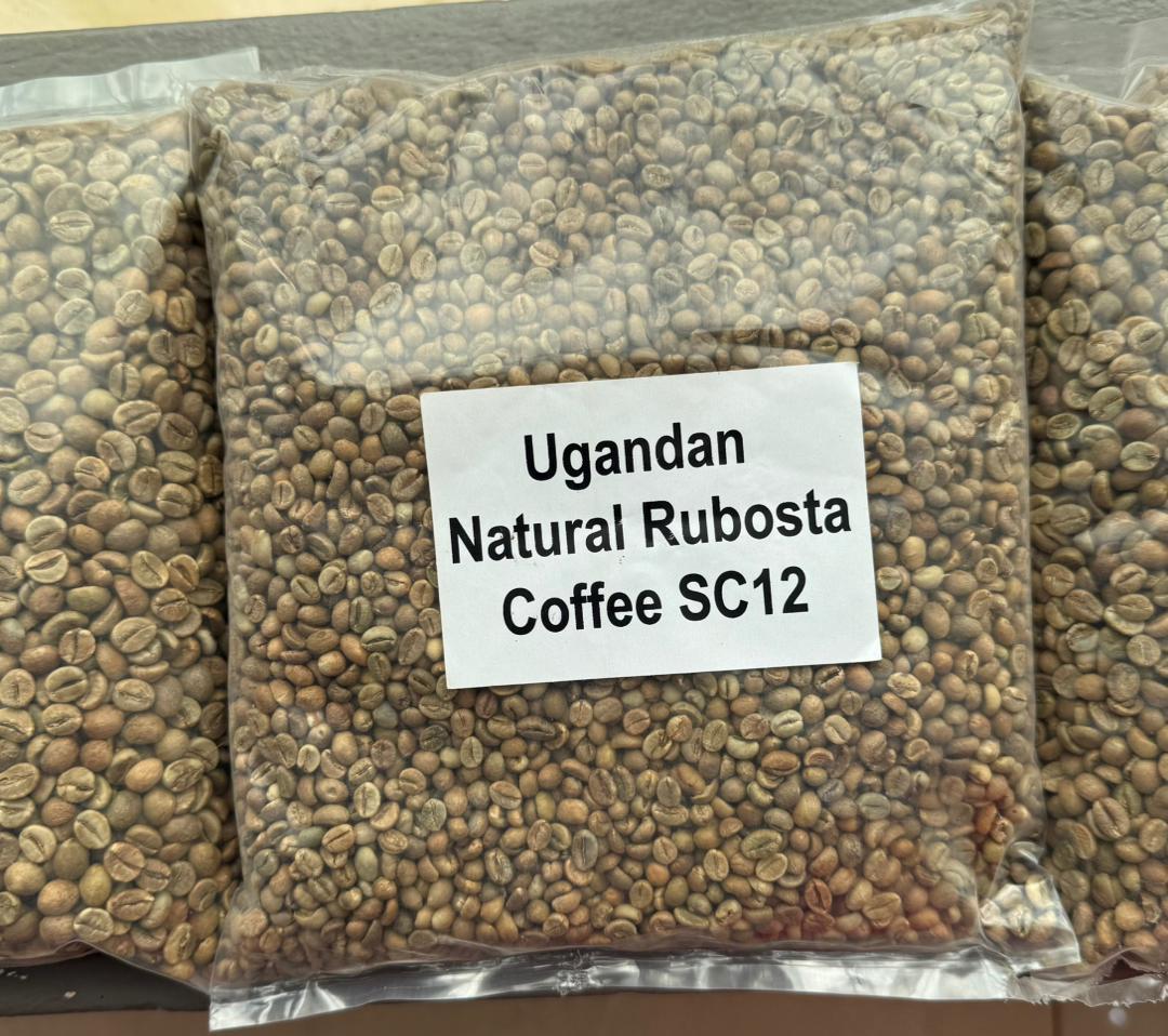 Sample bags of Ugandan natural Robusta green coffee, screen 12